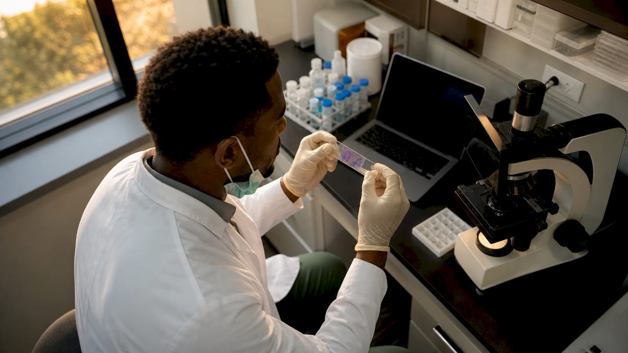 Un chercheur étudie un prélèvement de tissu cérébral sous la hotte d’un laboratoire.