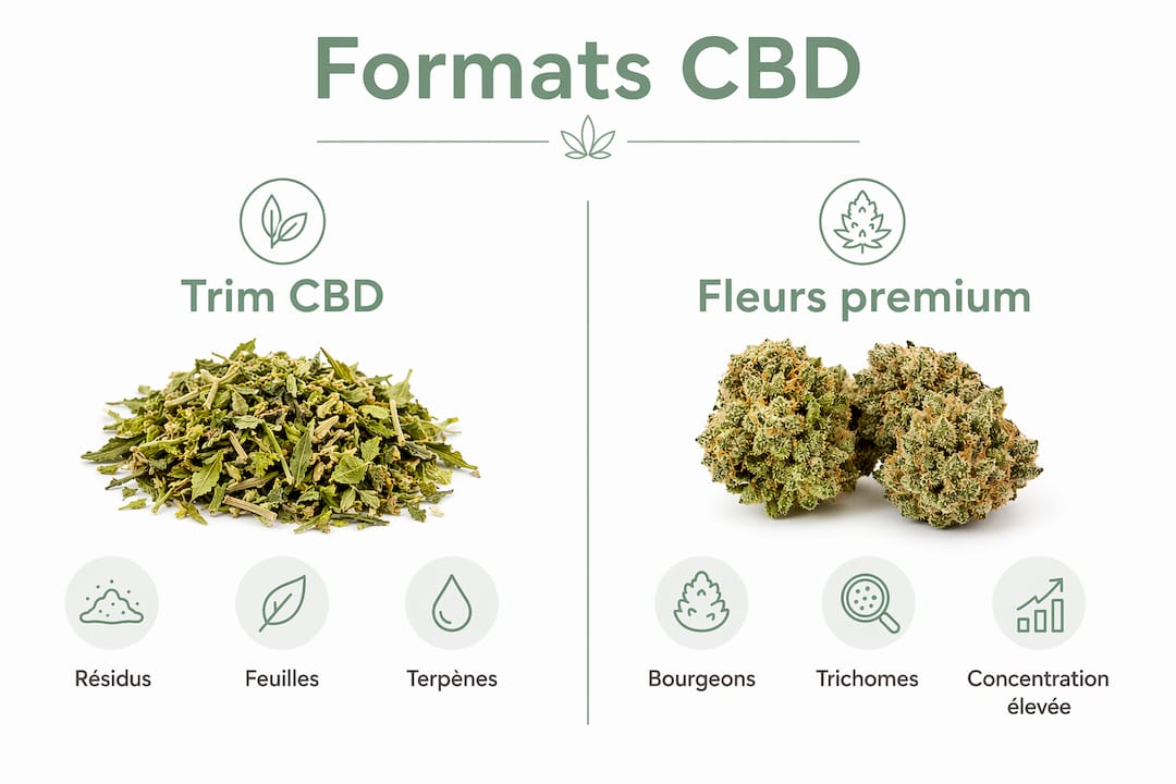 Infographie : les différences entre le trim de CBD et les fleurs haut de gamme