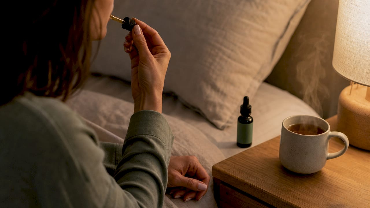 Avant de se coucher, une femme prépare quelques gouttes d’huile de CBD dans le creux de sa main.