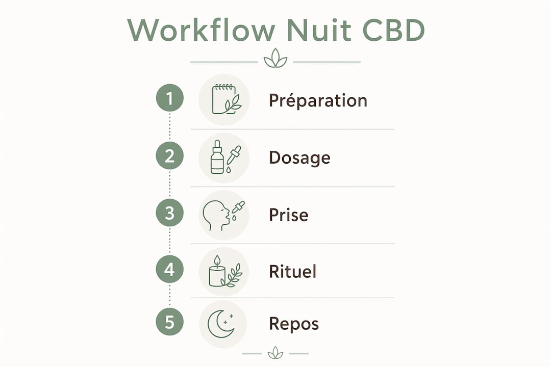Découvrez en image les différentes étapes d’un rituel CBD pour une nuit paisible et réparatrice.