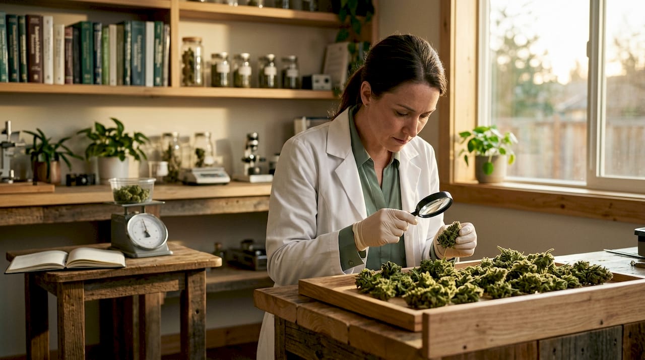 Zoom sur de magnifiques fleurs de chanvre premium soigneusement disposées sur une assiette.