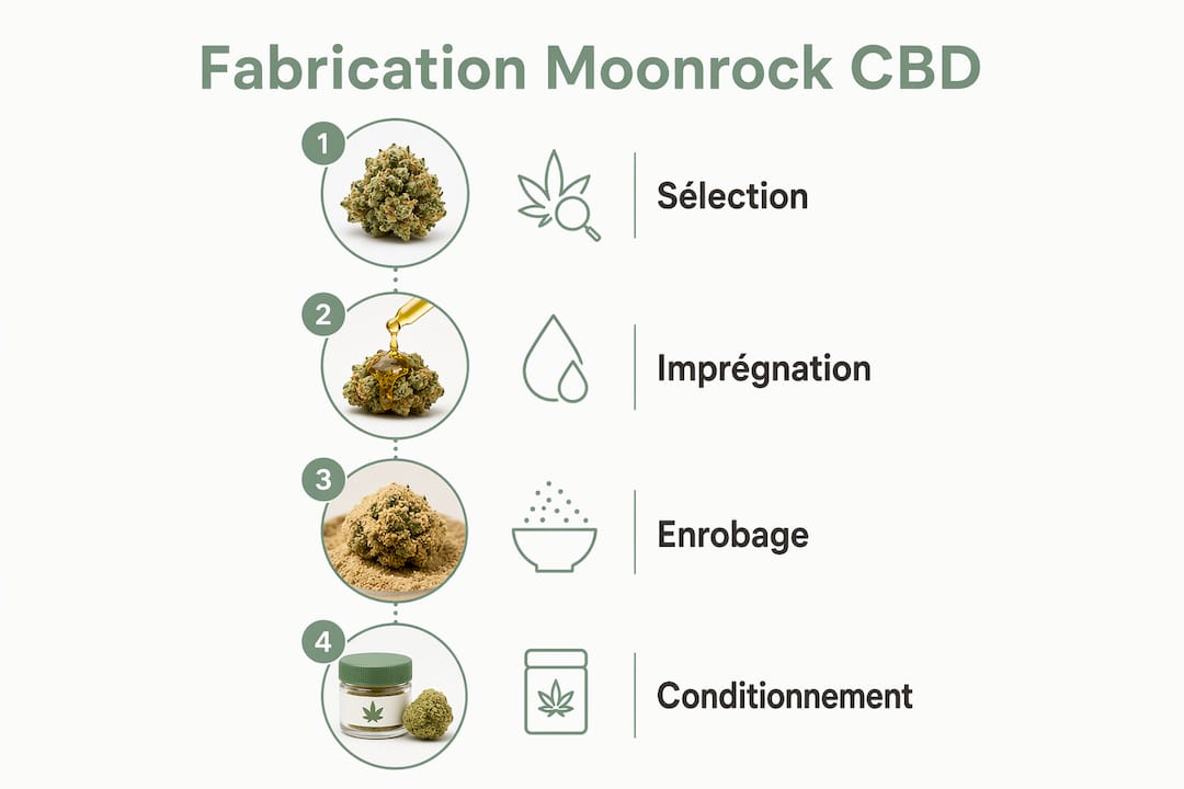 Schéma explicatif des différentes étapes de fabrication du CBD Moonrock