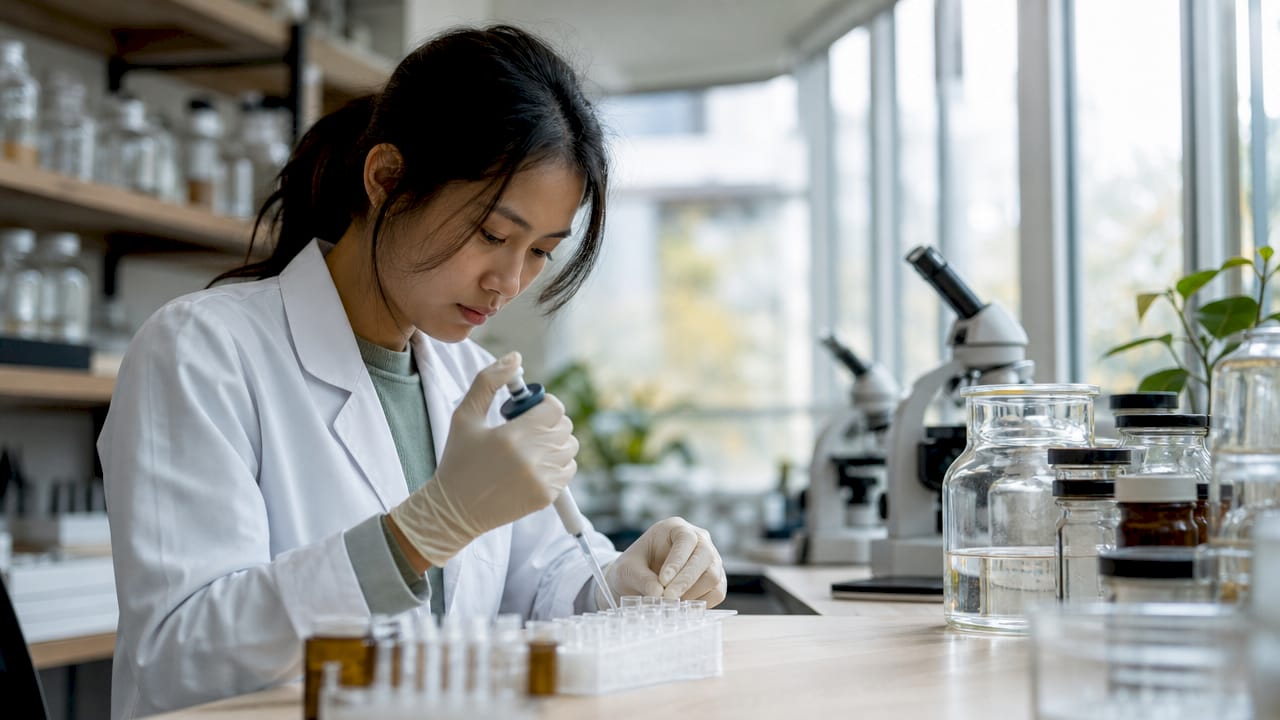 Une technicienne de laboratoire spécialisée en gastro-entérologie en train de manipuler des tubes à essai.