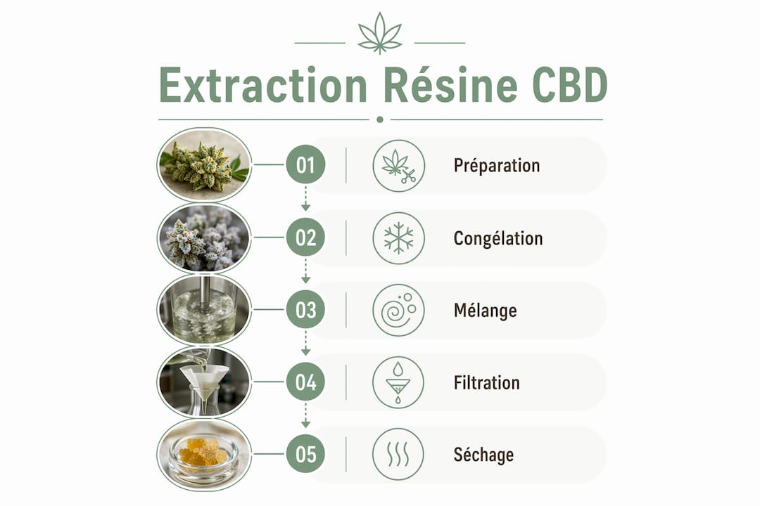 Schéma explicatif des différentes étapes d’extraction de la résine de CBD