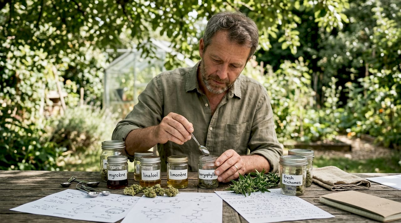 Un chercheur en train d’analyser des échantillons de terpènes issus du cannabis.