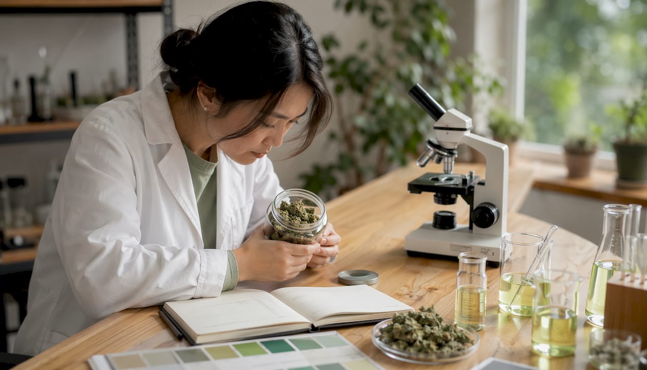 Un botaniste analyse des fleurs de CBD sous la loupe dans un laboratoire.