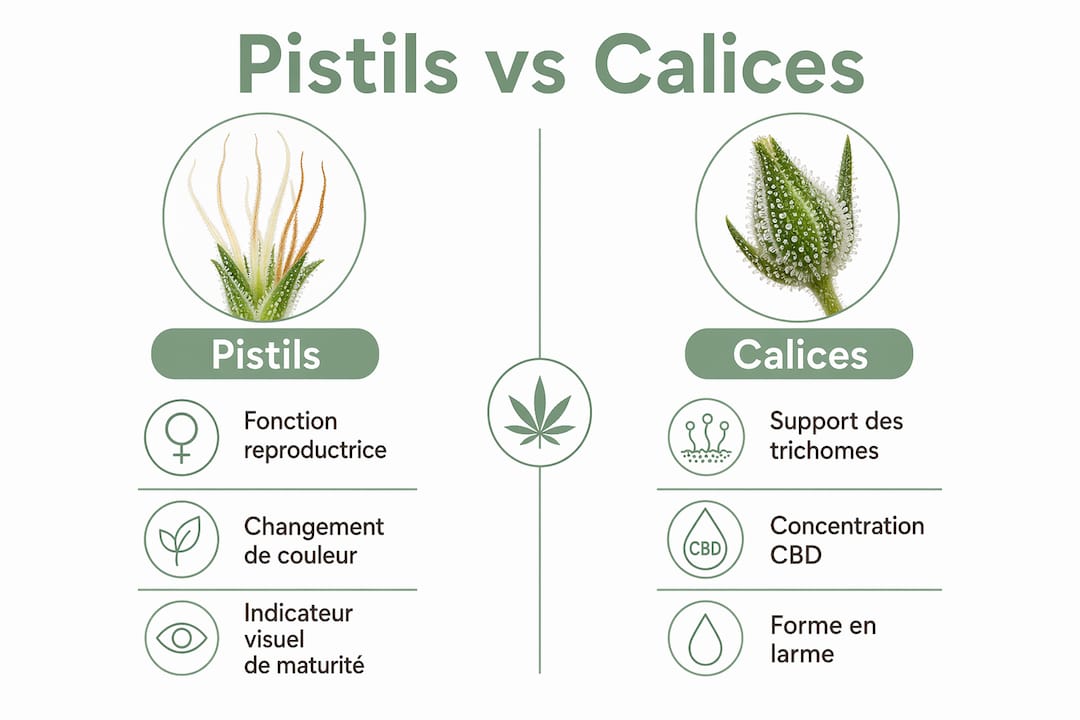 Visuel explicatif mettant en lumiÚre les différences entre pistils et calices sur les fleurs de CBD