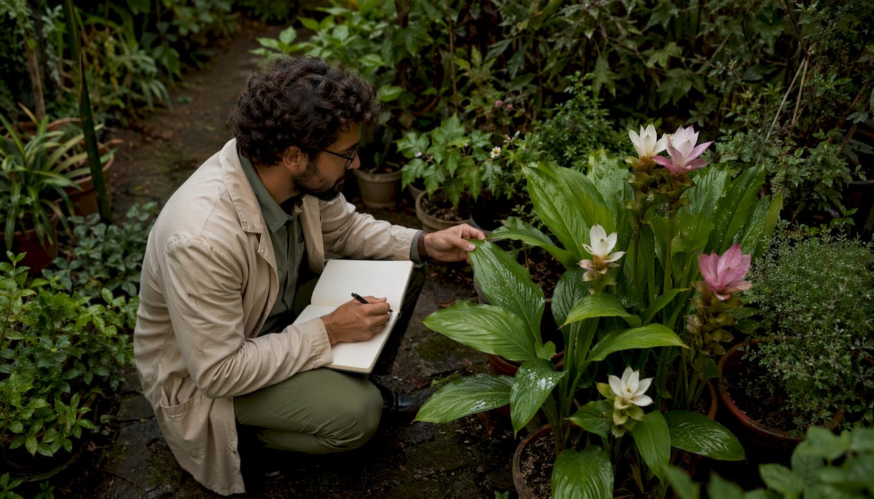 Un botaniste consigne ses observations sur les plantes médicinales dans un carnet.