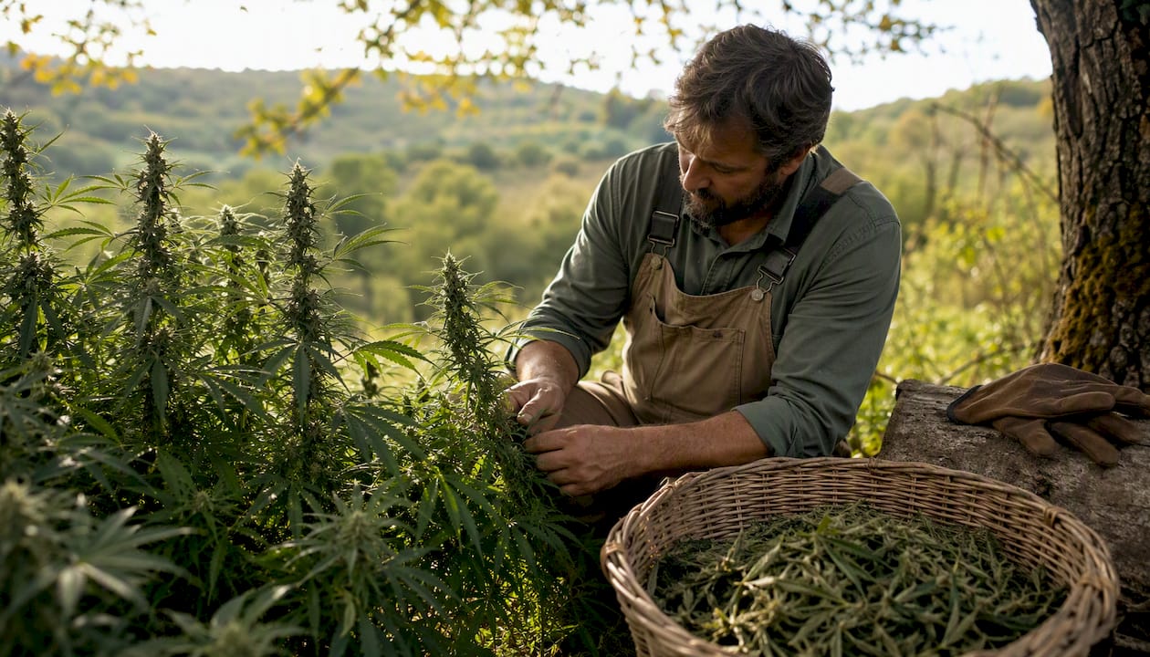 A farmer carefully observes his hemp plants in the countryside.