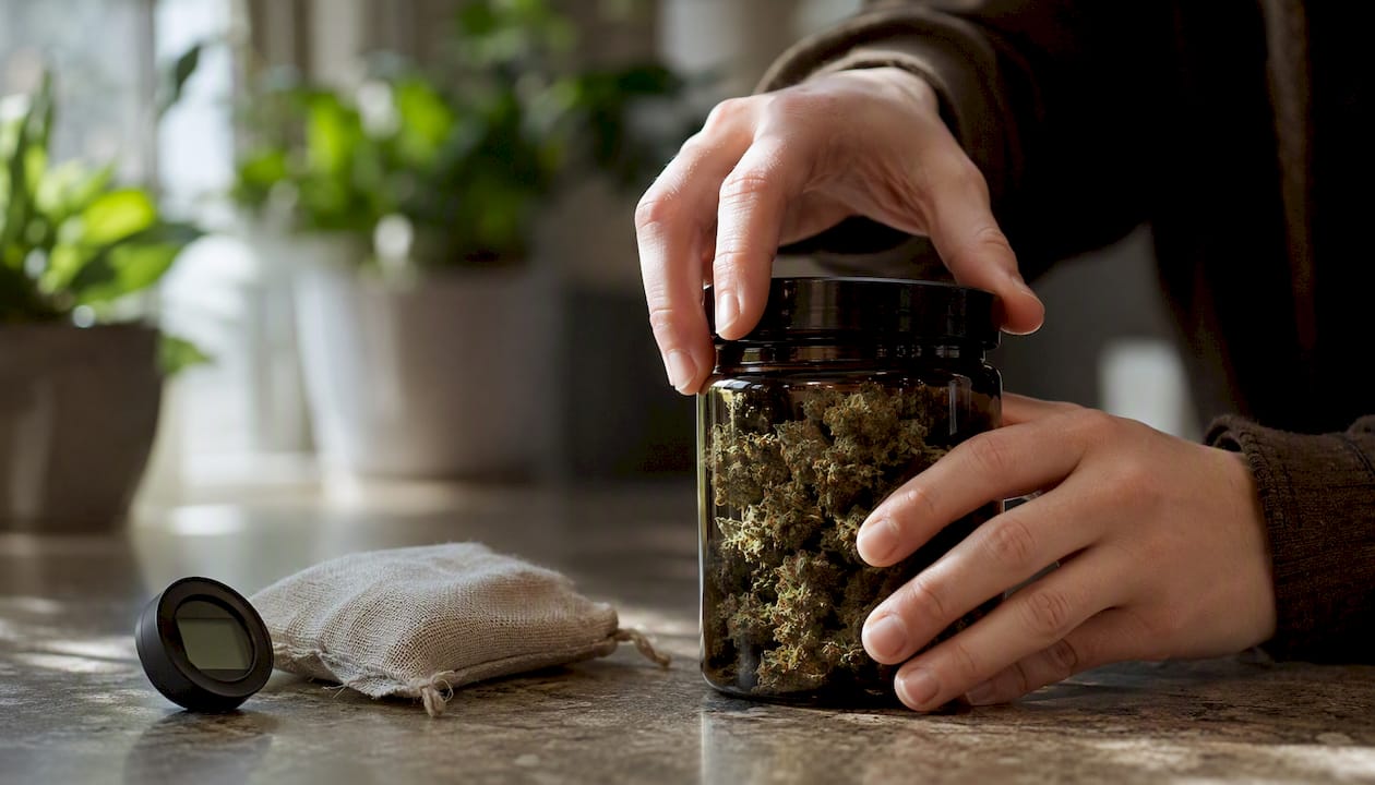 Des mains referment soigneusement un bocal en verre rempli de fleurs de CBD.