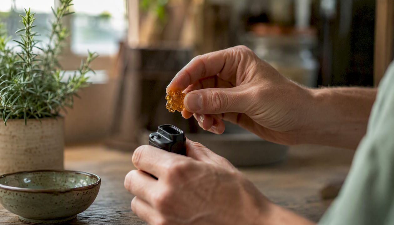 Des mains remplissent une capsule de vaporisateur avec de la résine de CBD.