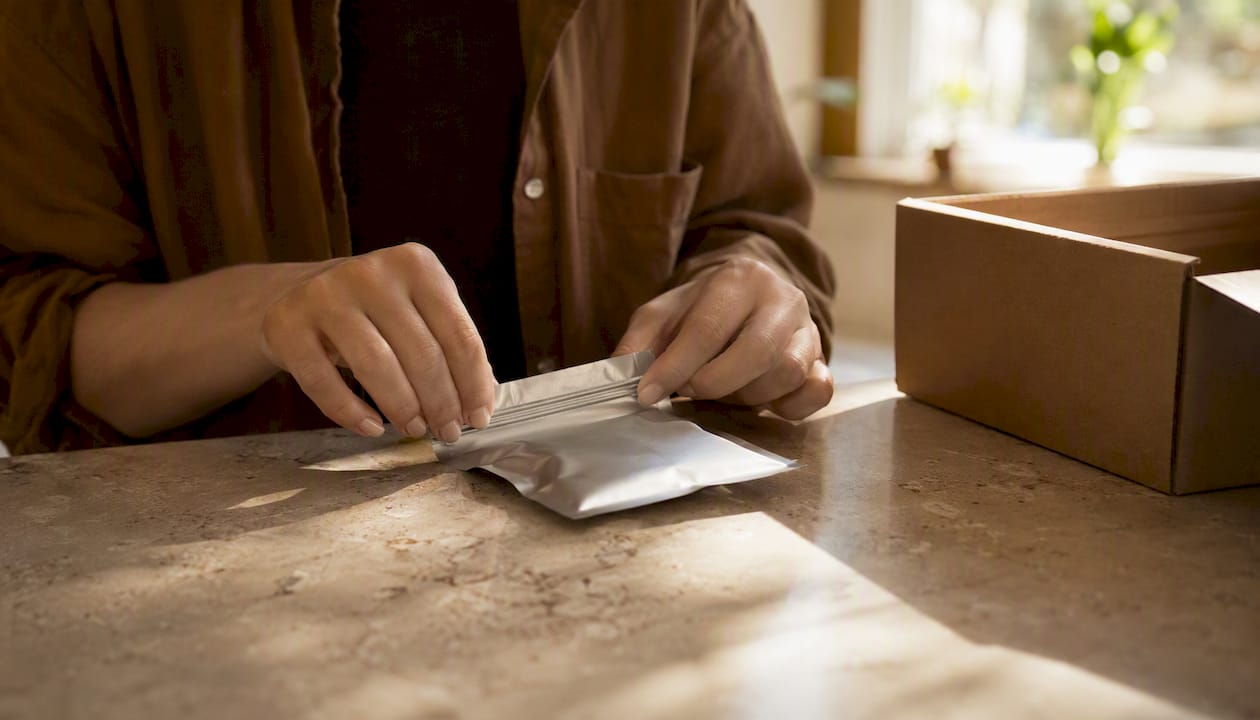 Des mains referment soigneusement une pochette discrète destinée à l’envoi de produits CBD.