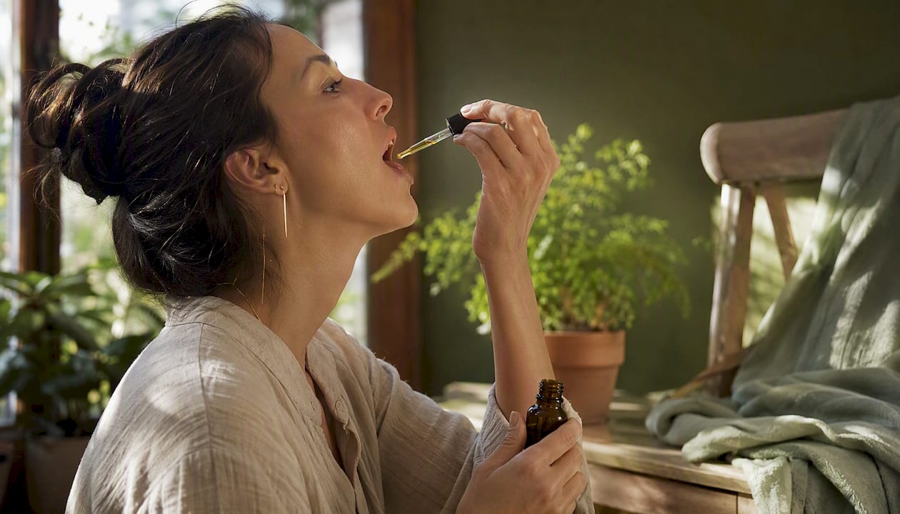 Young woman taking CBD oil in drops under her tongue