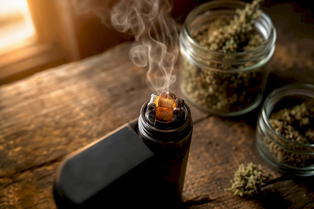 Gros plan sur un appareil de vapotage chauffant un liquide au CBD