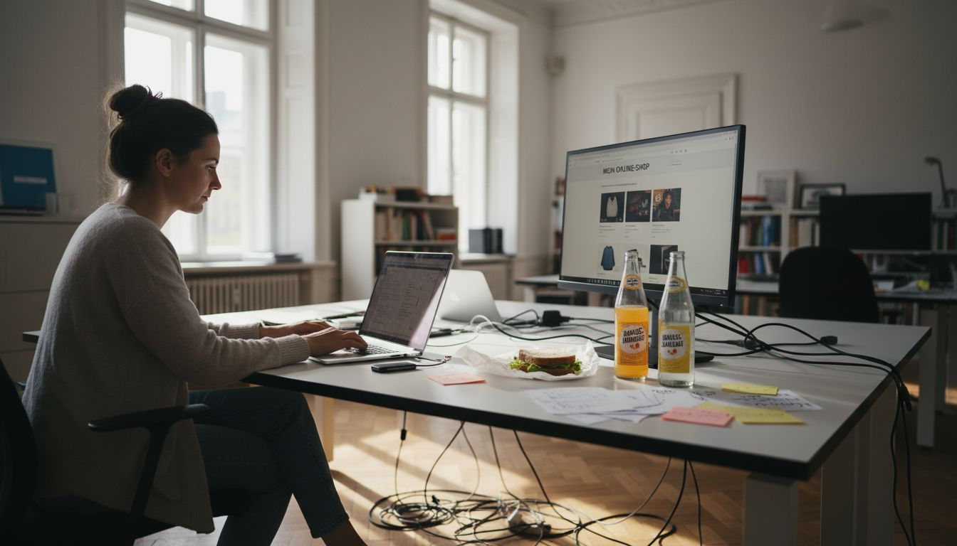 Eine Entwicklerin bereitet den Start eines neuen Online-Shops vor.