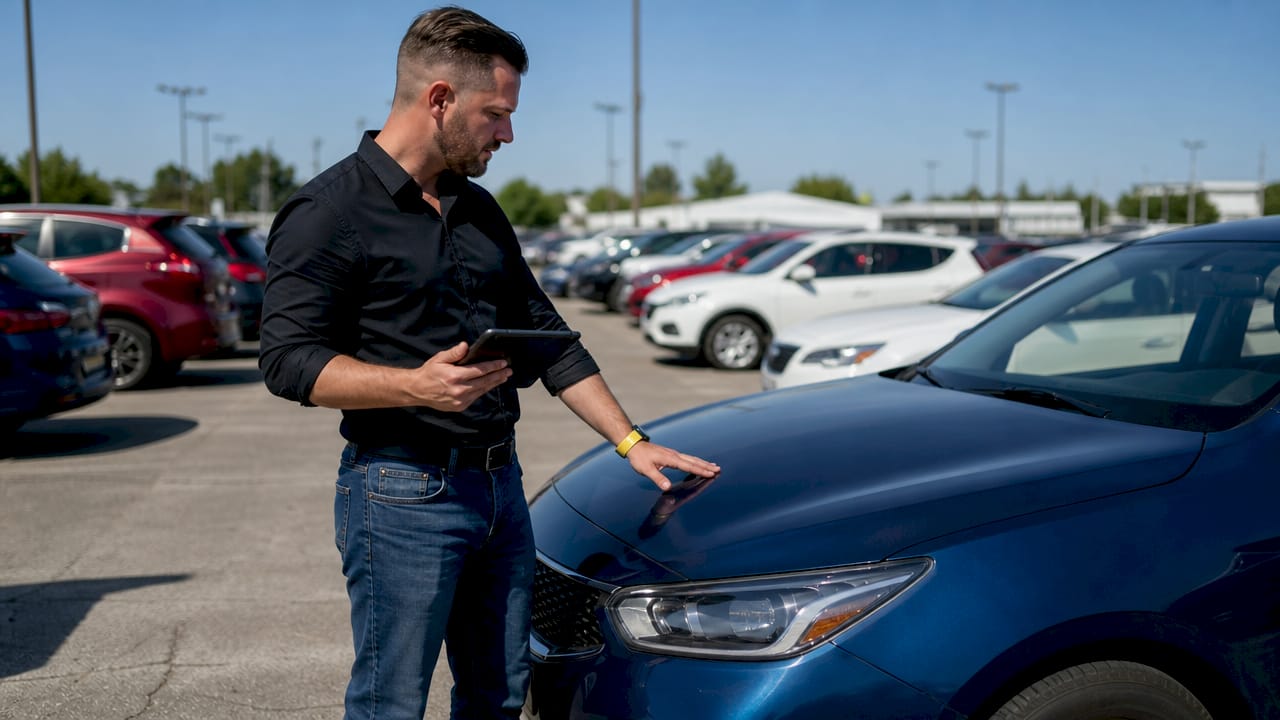 Appraiser hands with tablet near car