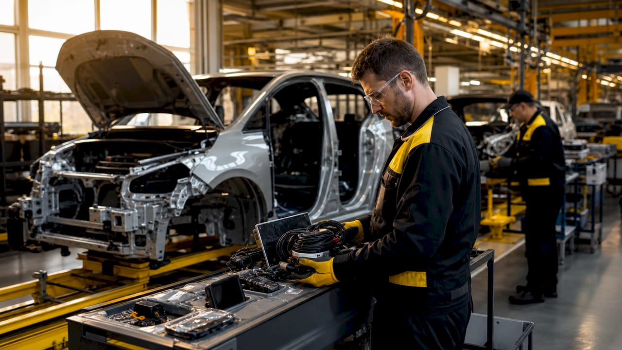 Car assembly line showing optional package installation