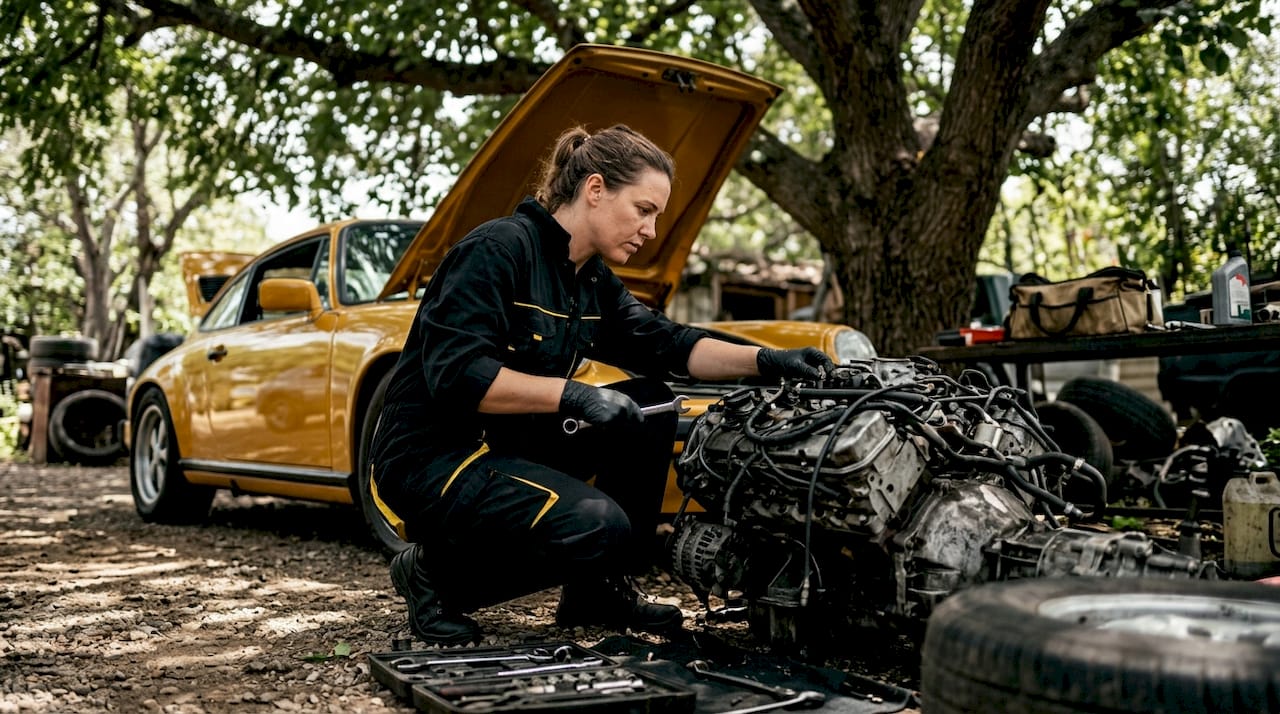 Mechanic examining car engine in garage