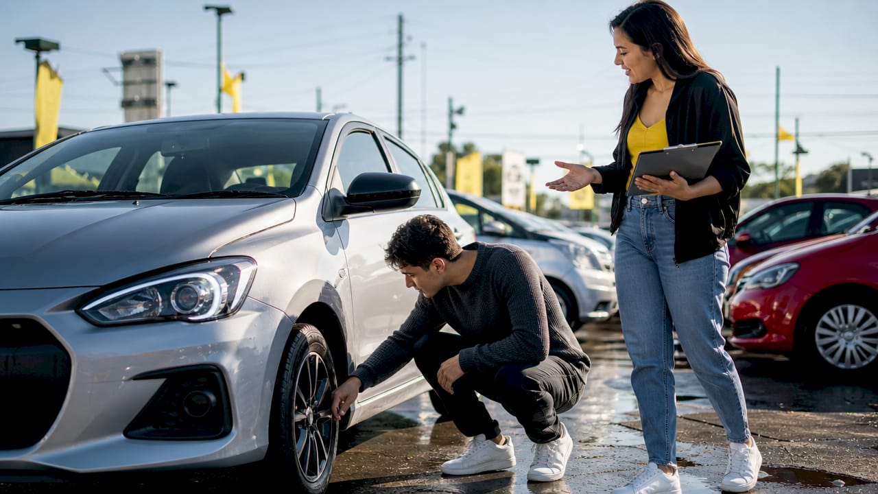 Young couple inspecting compact used car