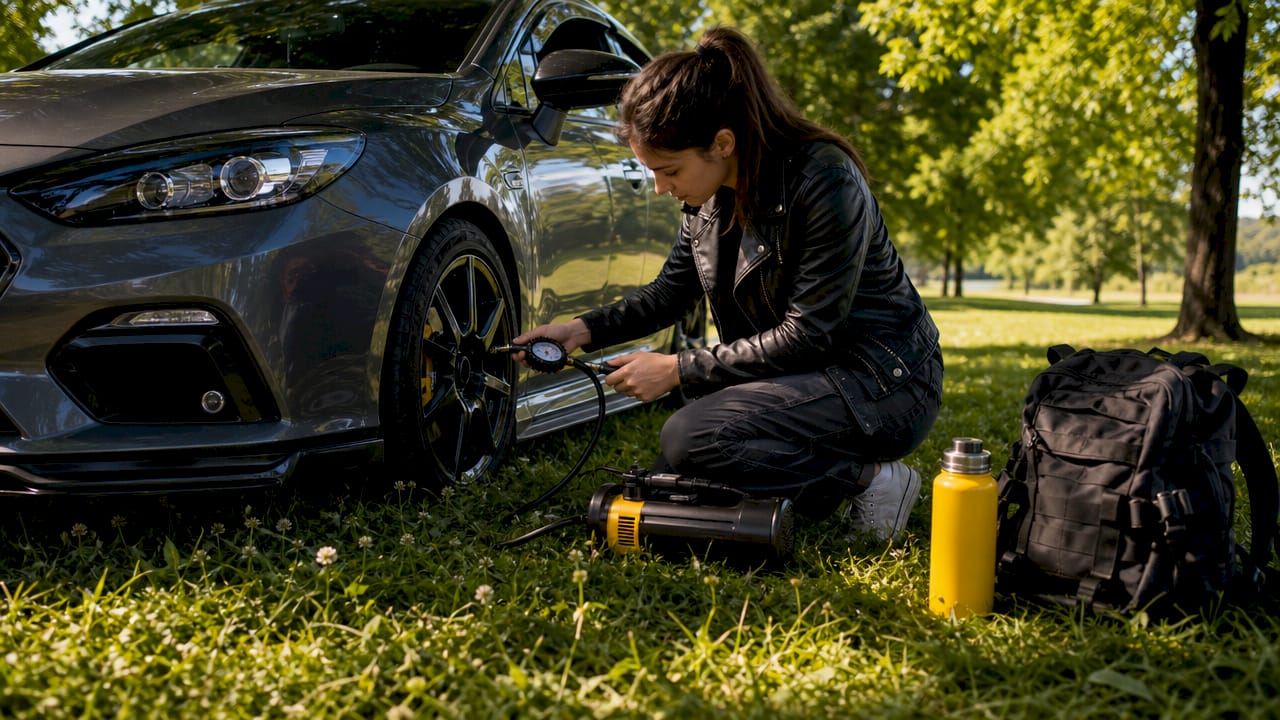 Woman inflating car tire with air compressor