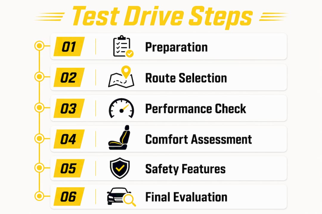 Infographic illustrating key test drive evaluation steps