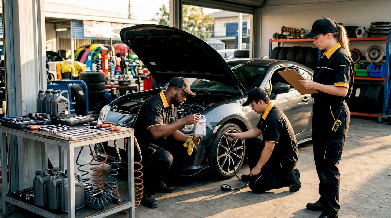 Hands handling brake fluid and tire gauge