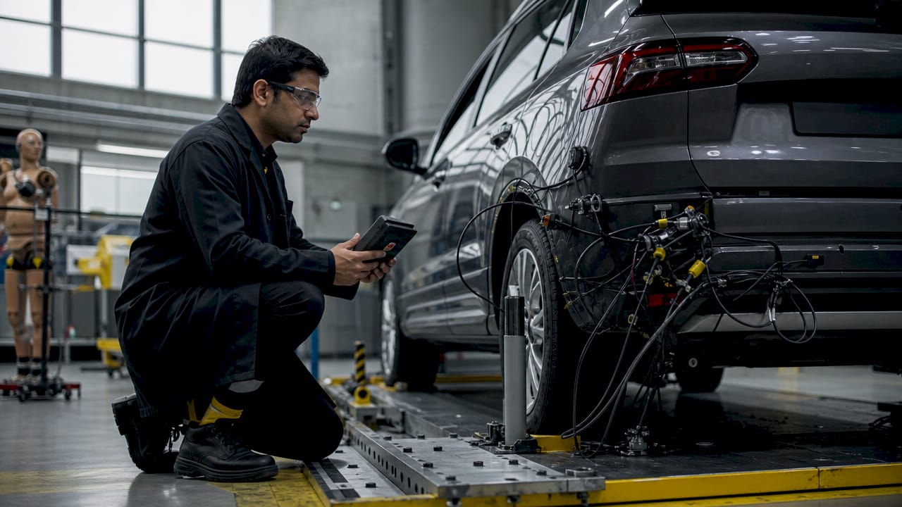 Safety engineer inspecting SUV in crash test lab