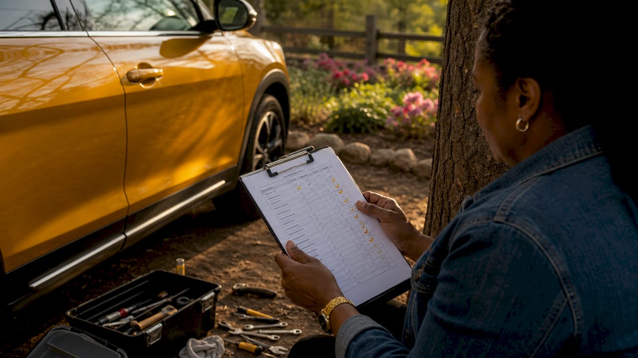 Hands holding car maintenance checklist outdoors
