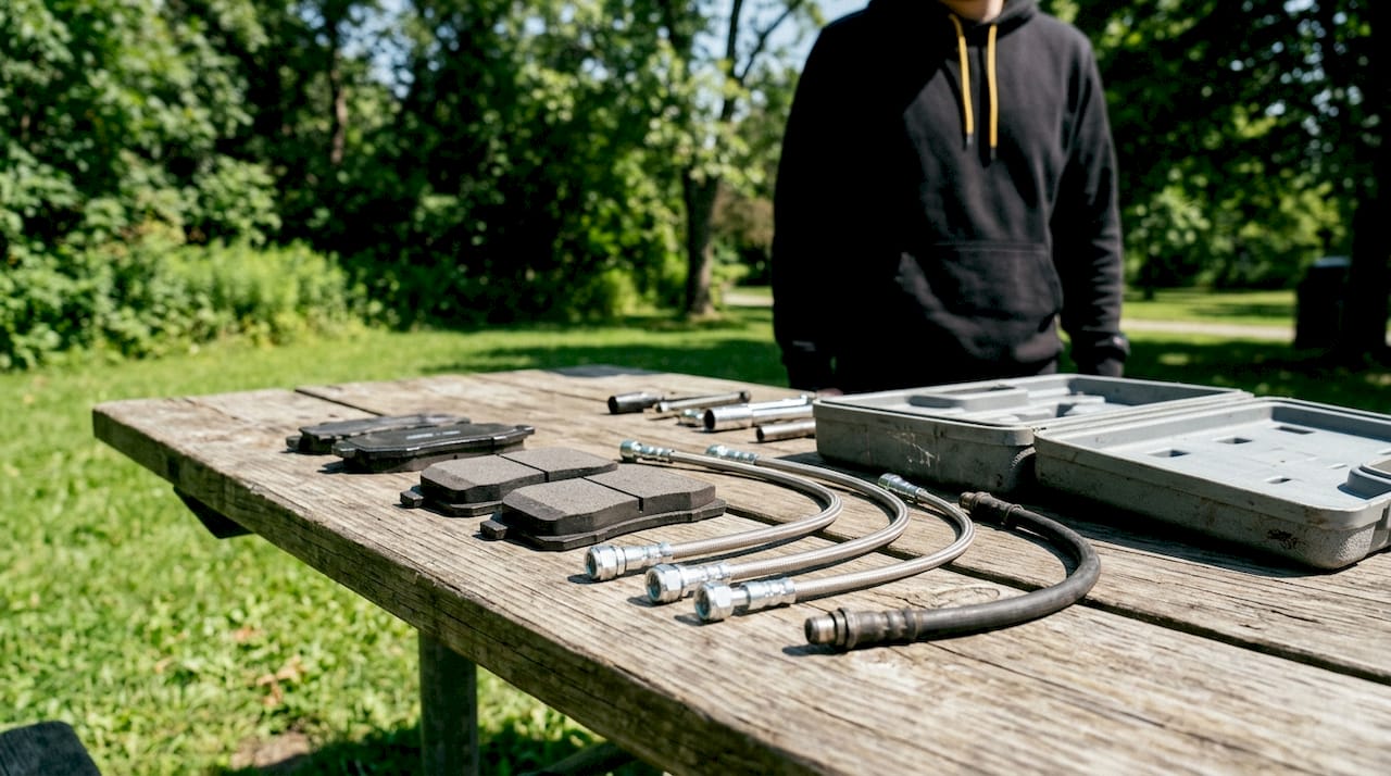 Entry-level brake upgrade parts on workshop bench