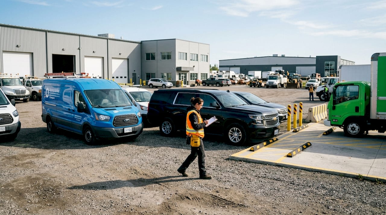 Various fleet vehicles parked in business lot