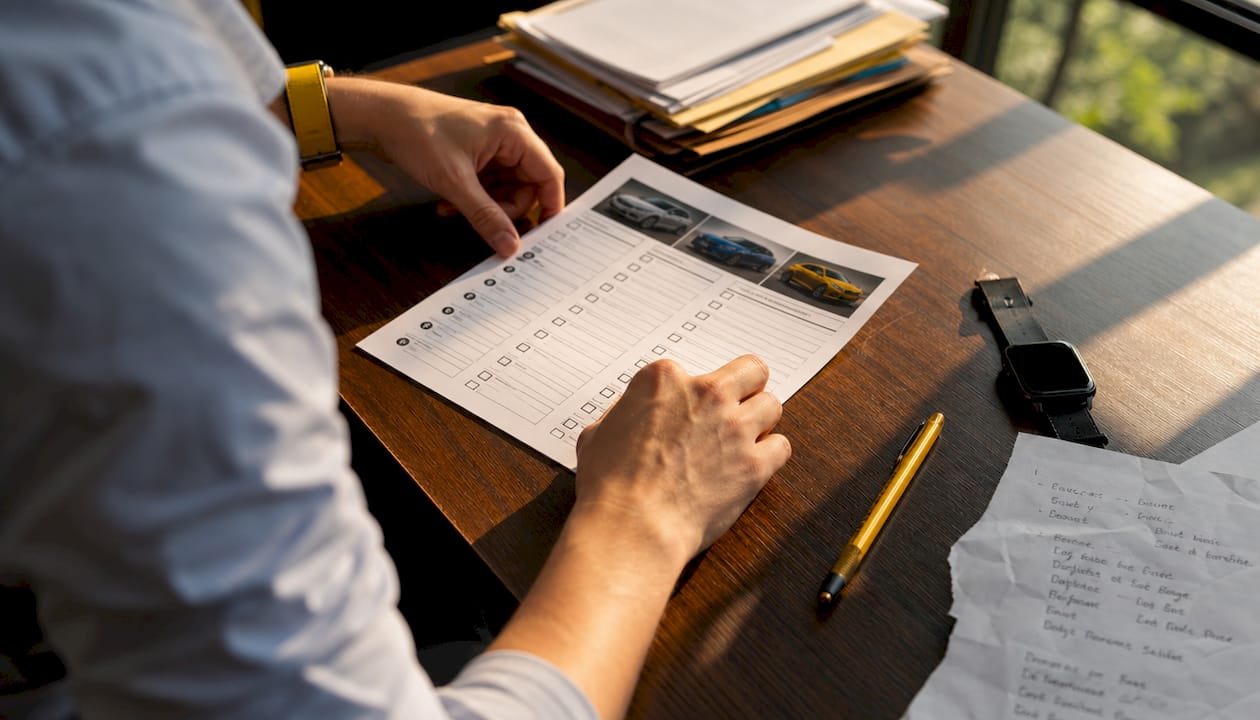 Hands organizing car auction checklist