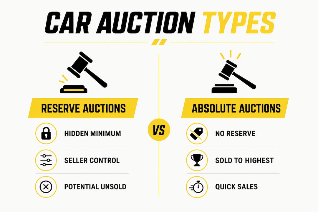 Infographic comparing reserve and absolute car auctions