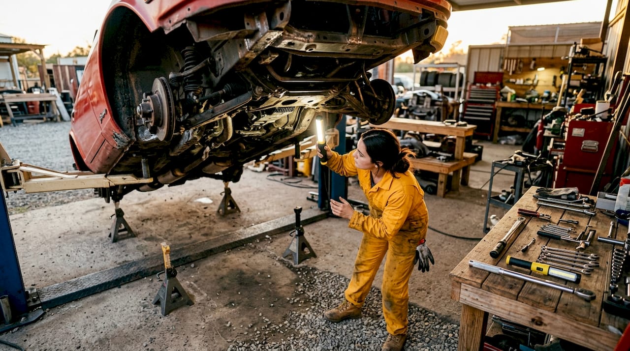 Mechanic inspecting repaired car frame