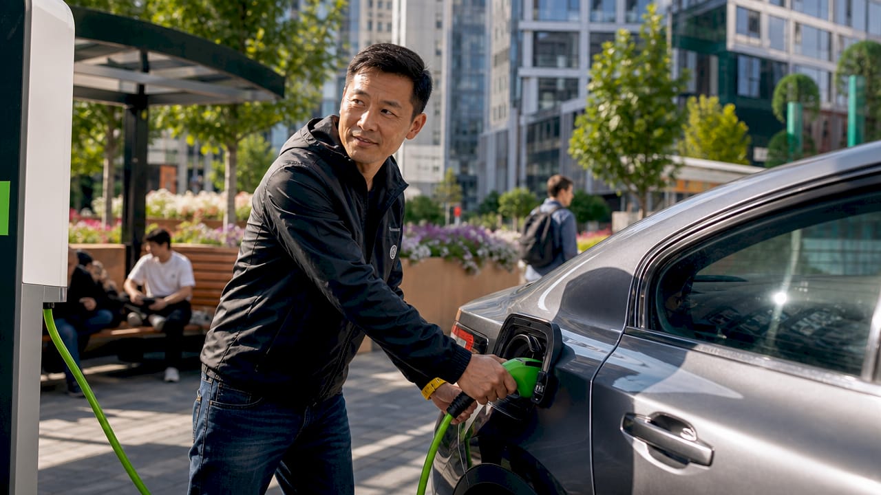 Man charging hybrid car at suburban station