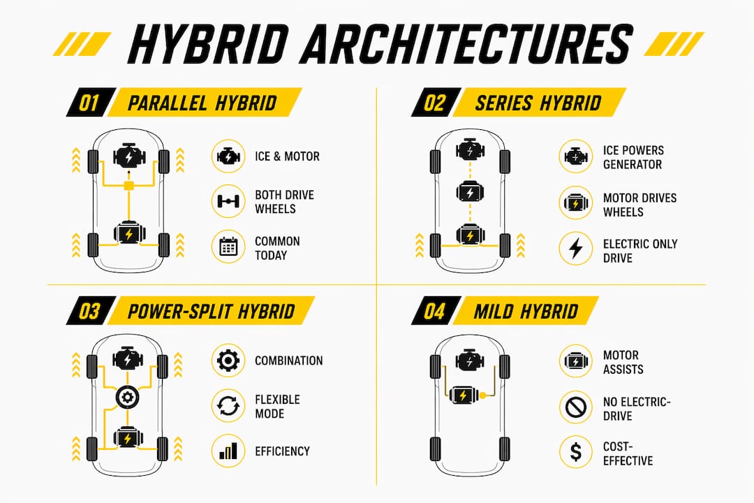 Infographic comparing hybrid powertrain types