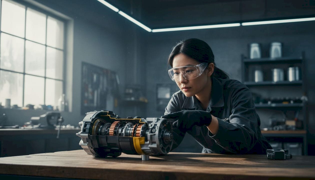 Engineer examining hybrid powertrain model