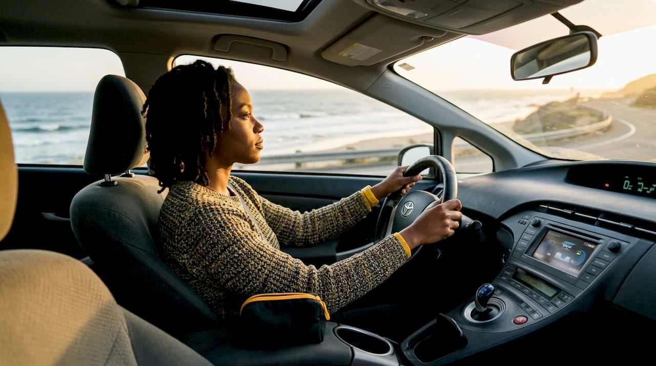 Woman driving hybrid car in city interior view