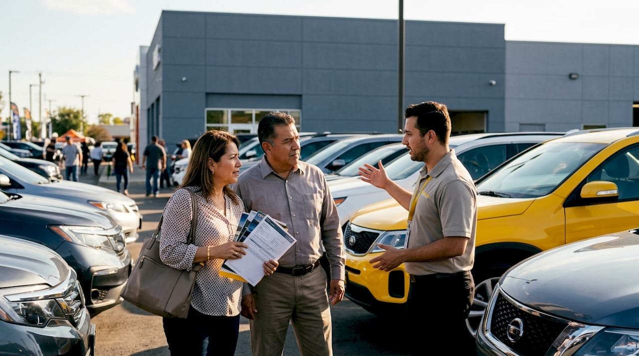 Couple discussing auto loan terms at dealership