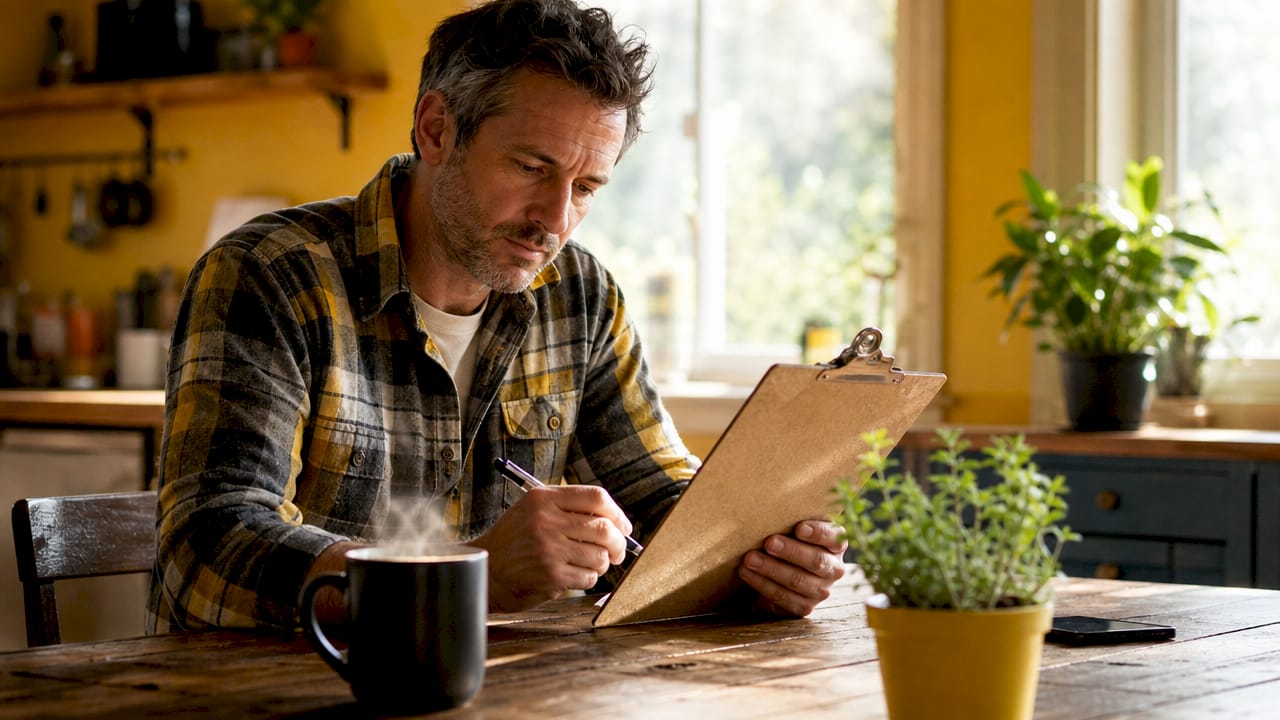 Man reviewing car needs checklist in home office