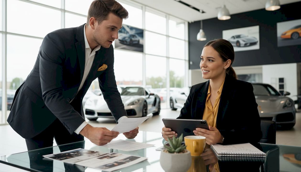 Buyer and saleswoman negotiating at dealership table