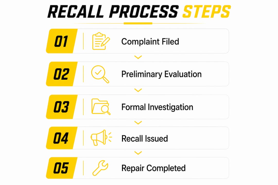 Infographic illustrating car recall process steps from complaint to repair