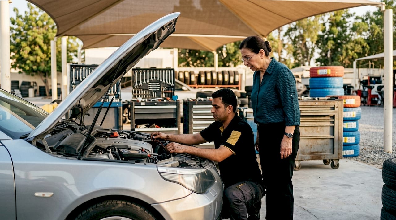 Woman observing car inspection at mechanic garage