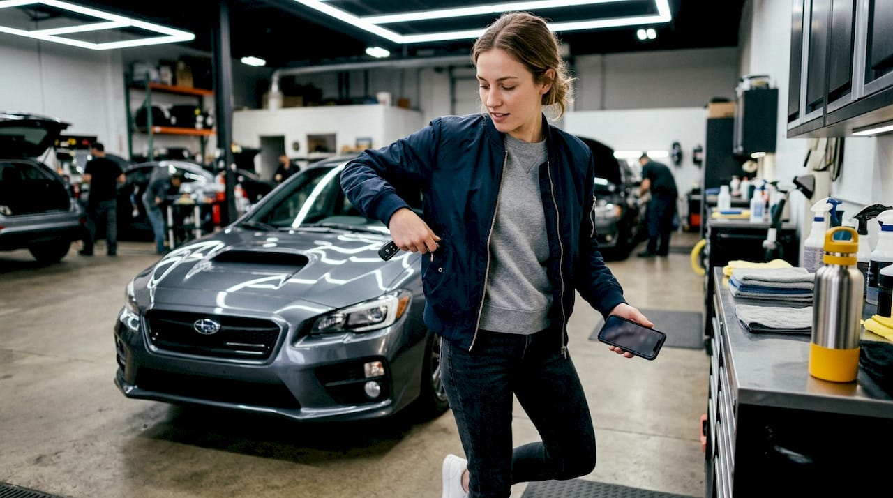 Woman preparing for used car test drive in garage