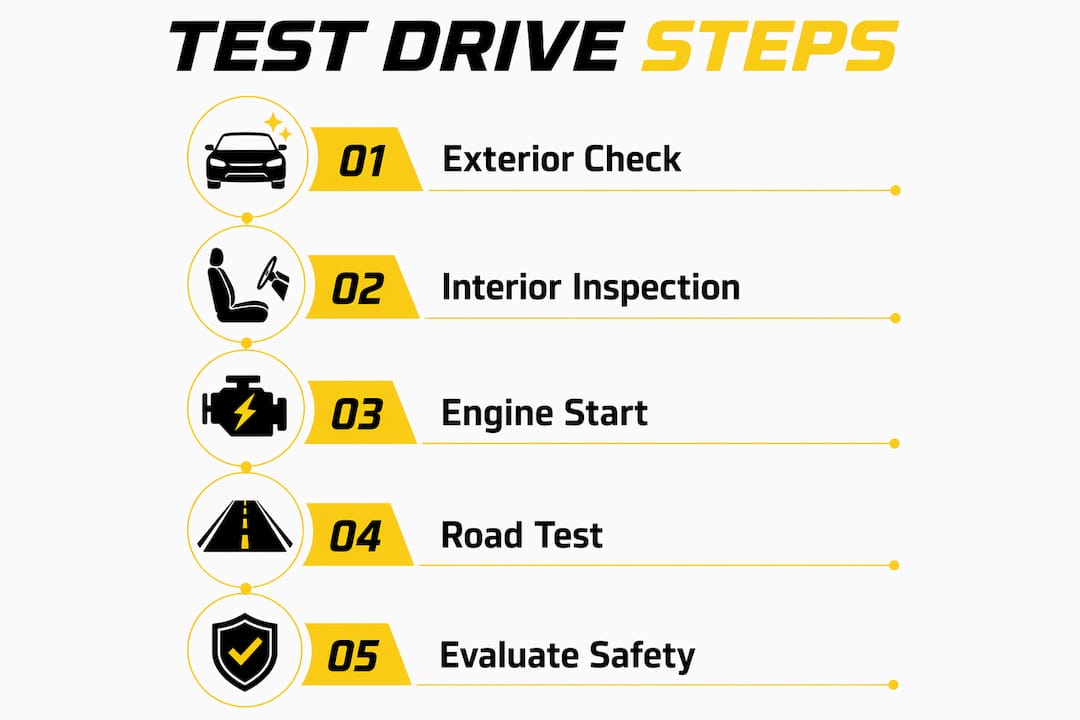 Infographic displaying steps for a used car test drive checklist