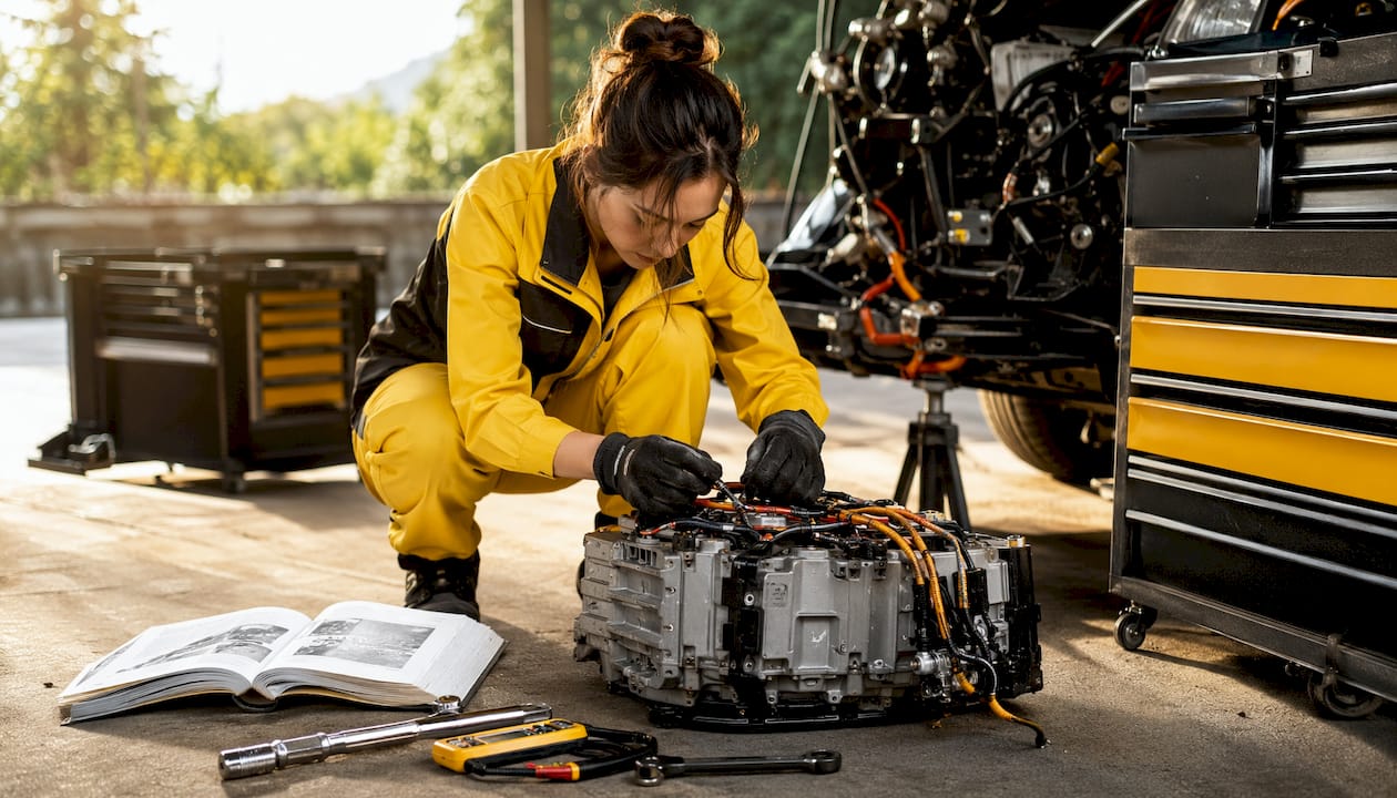 Technician adjusting hybrid electric motor wiring