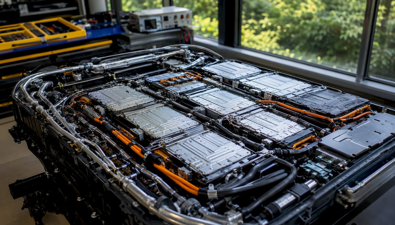 Close-up of hybrid battery cooling system components