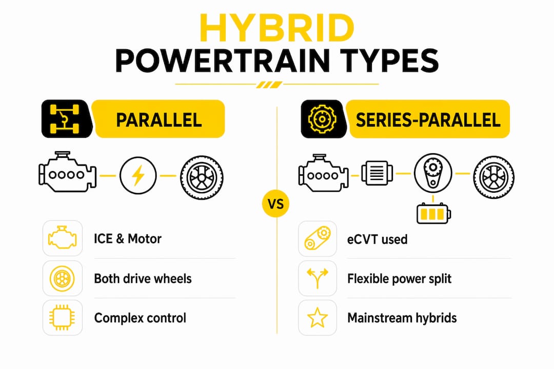 Infographic comparing parallel and series-parallel hybrid powertrains