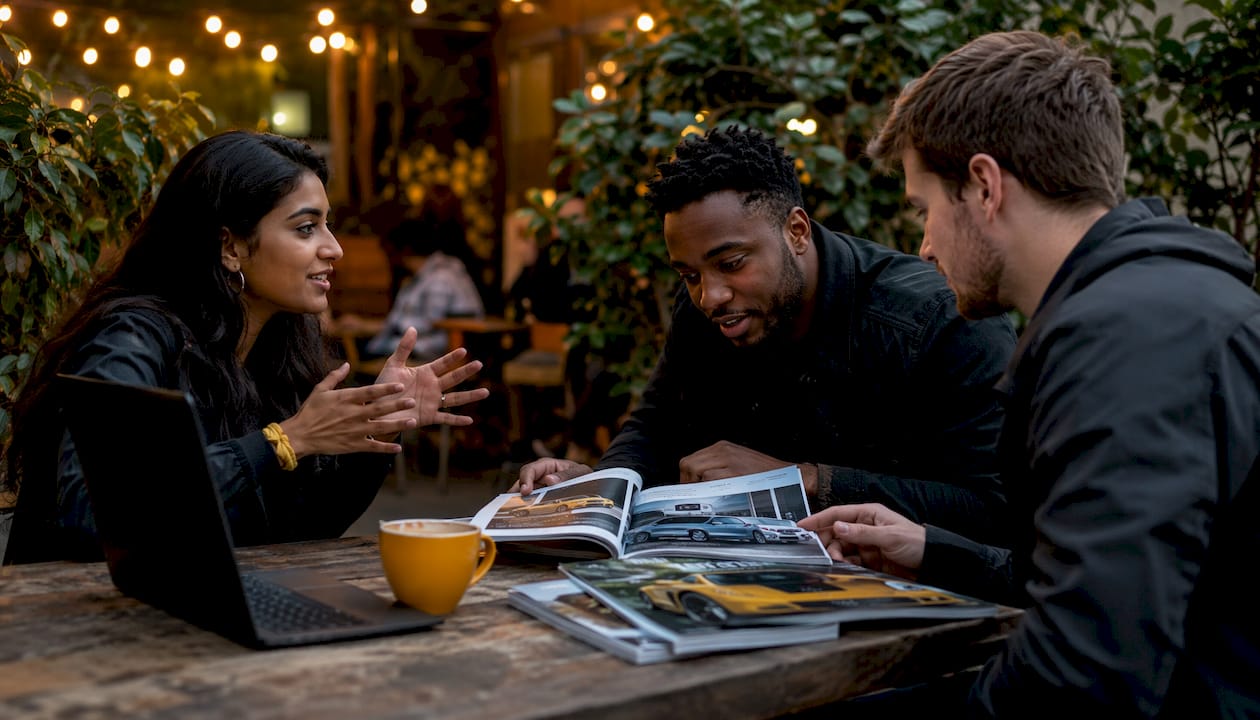 Group discussing automotive news sites at café table