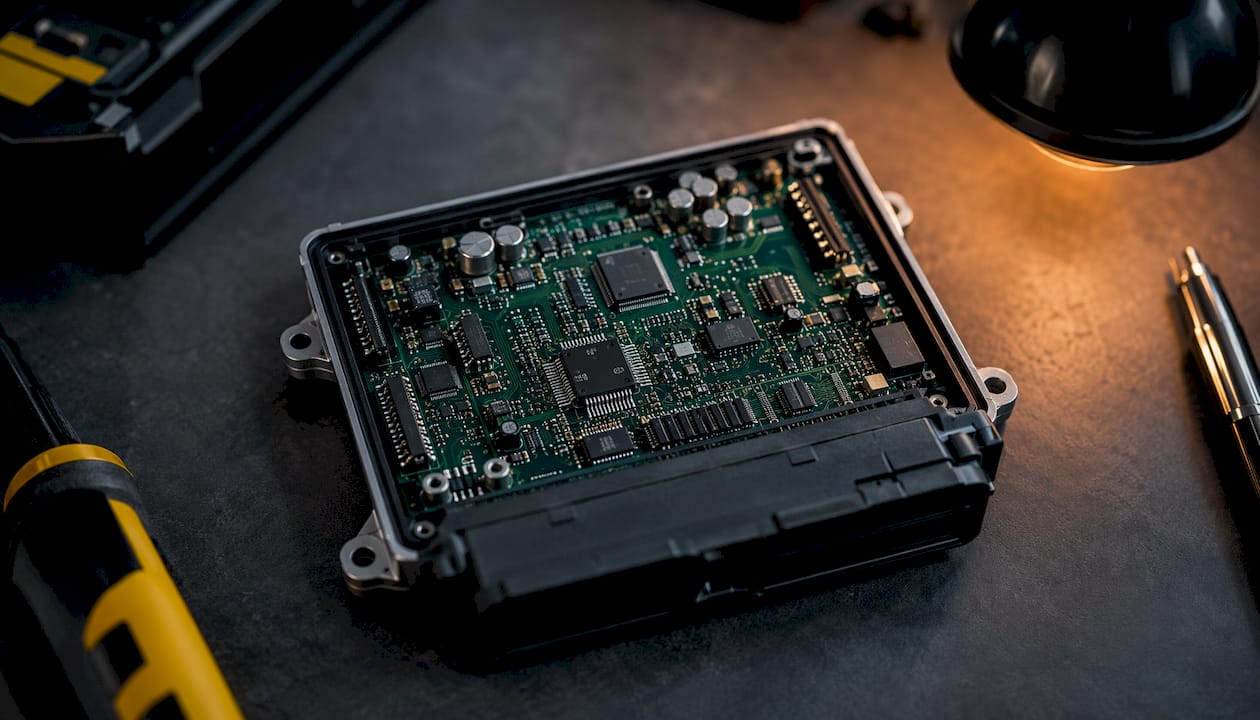 Close-up of automotive ECU circuit board