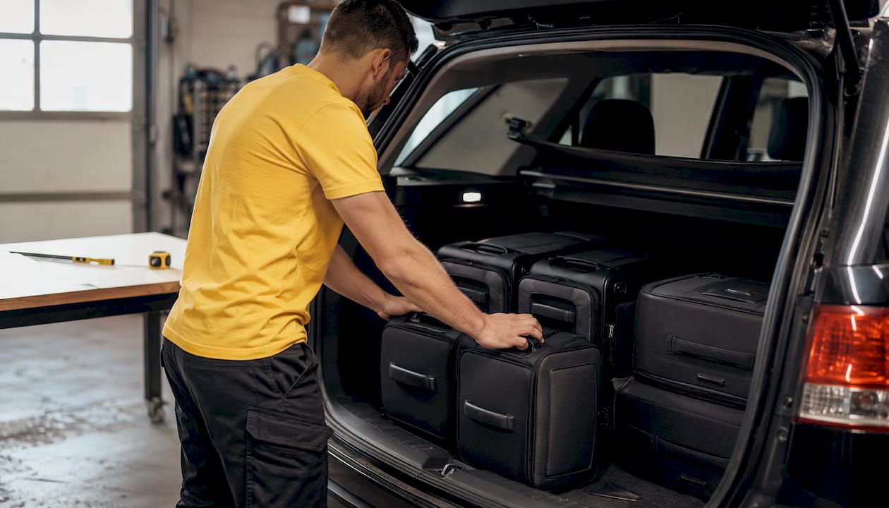 Technician stacking luggage in car trunk for cargo measurement